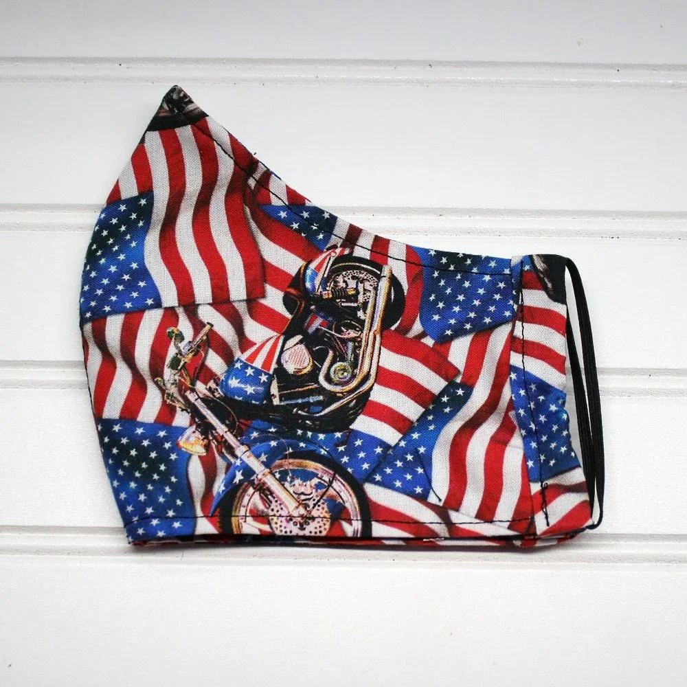 HAND CRAFTED Face Mask Biker American Flag Adult Cloth Fabric Print - Shield